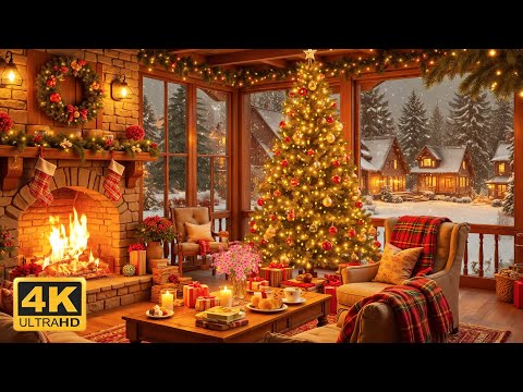 Cozy Christmas Living Room Ambience 🎄🔥 Warm Fireplace, Christmas Tree Lights & Soft Holiday Music