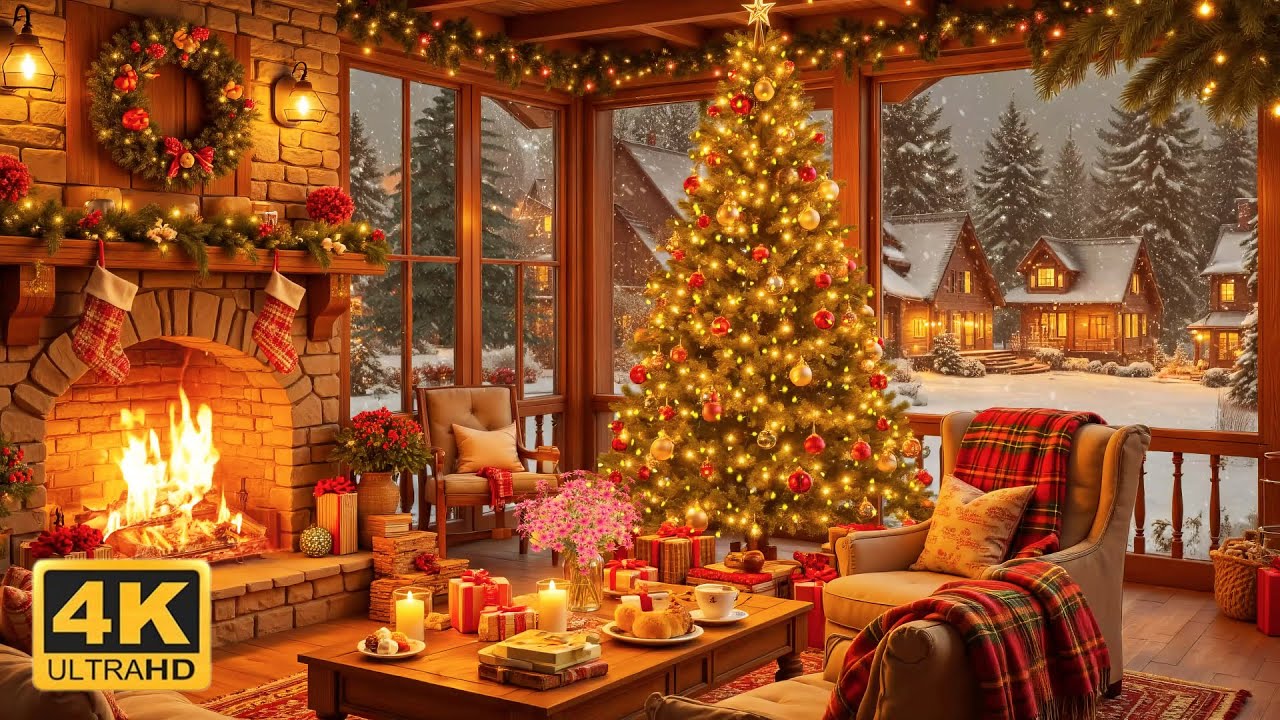 Cozy Christmas Living Room Ambience 🎄🔥 Warm Fireplace, Christmas Tree Lights & Soft Holiday Music