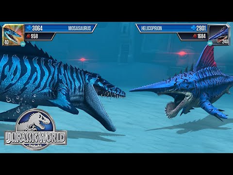 MOSASAURUS VS HELICOPRION - AQUATIC BATTLE || JURASSIC WORLD THE GAME