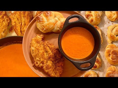 Creamy Tomato Soup, Fried Chicken Breast, and Homemade Pretzels