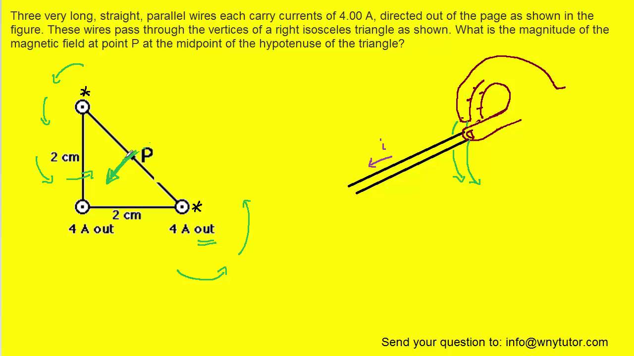 Three very long, straight, parallel wires each carry currents of 4.00 A, directed out of the page as