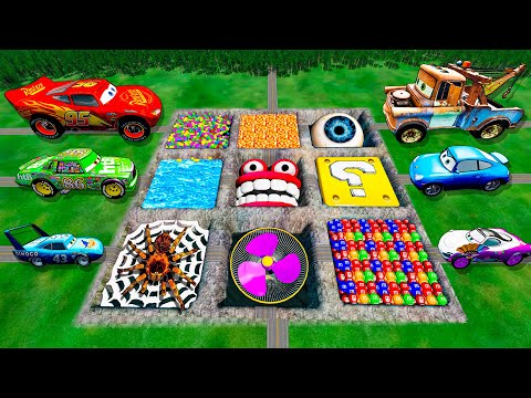 Giant Lava, Lego, Fan, Spider, Pits Vs Huge & Tiny Lightning McQueen From PIXAR CARS! BeamNG Drive