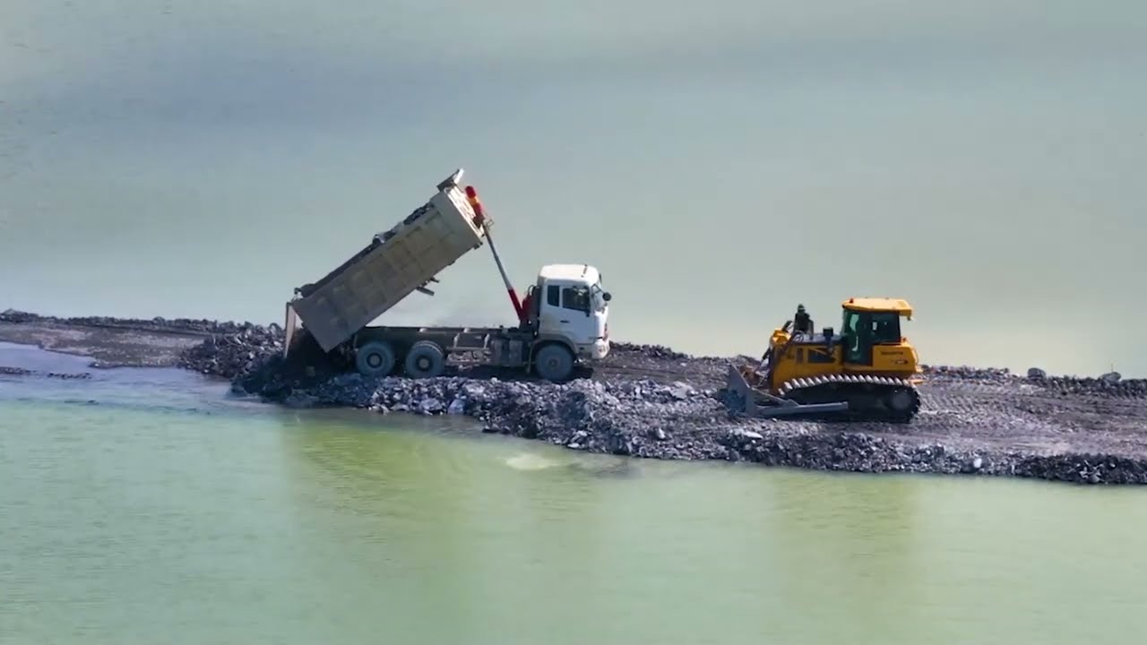 Incredible Bulldozer SHANTUI DH17 Showing Skill Technique With Many Delivery Rock Filling Lake
