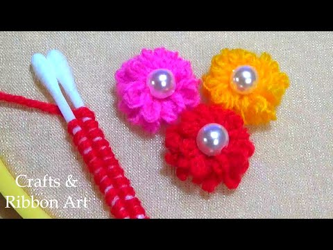 Amazing Woolen Craft Ideas with Cotton Bud - Easy Woolen Flower Making - Hand Embroidery Flowers