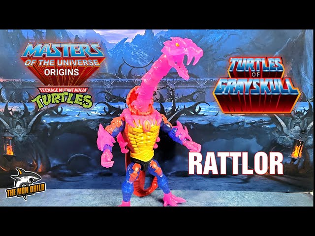 Vídeo relacionado con Masters of the Universe Origins Turtles of Grayskull Rattlor Figura de acción articulada de la Guerra de los reptiles, juguete de villano ninja de la unión de los mundos de las Tortugas y MOTU, JBN01