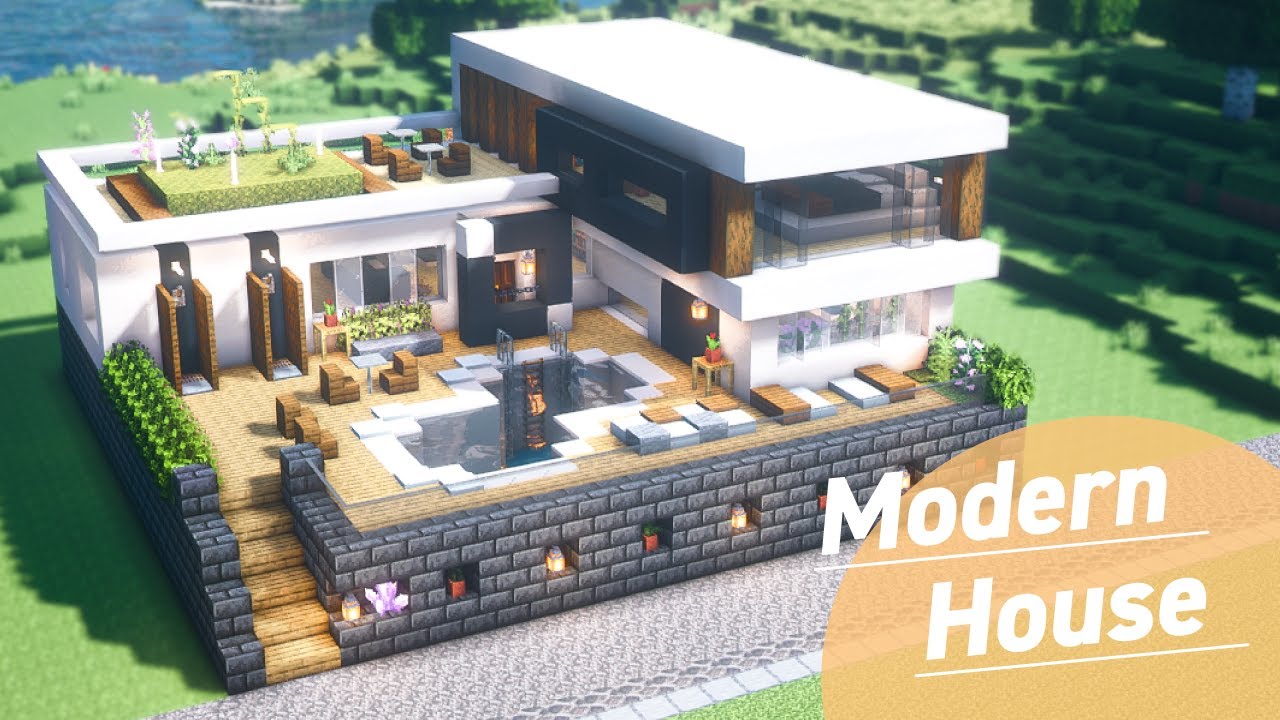 【マイクラ建築】プールに屋上デッキ、サウナも！おしゃれなモダンハウスの作り方