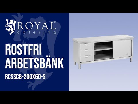 video - Rostfri arbetsbänk - 200 x 60 x 85 cm - Royal Catering - 600 kg lastkapacitet - 3 lådor