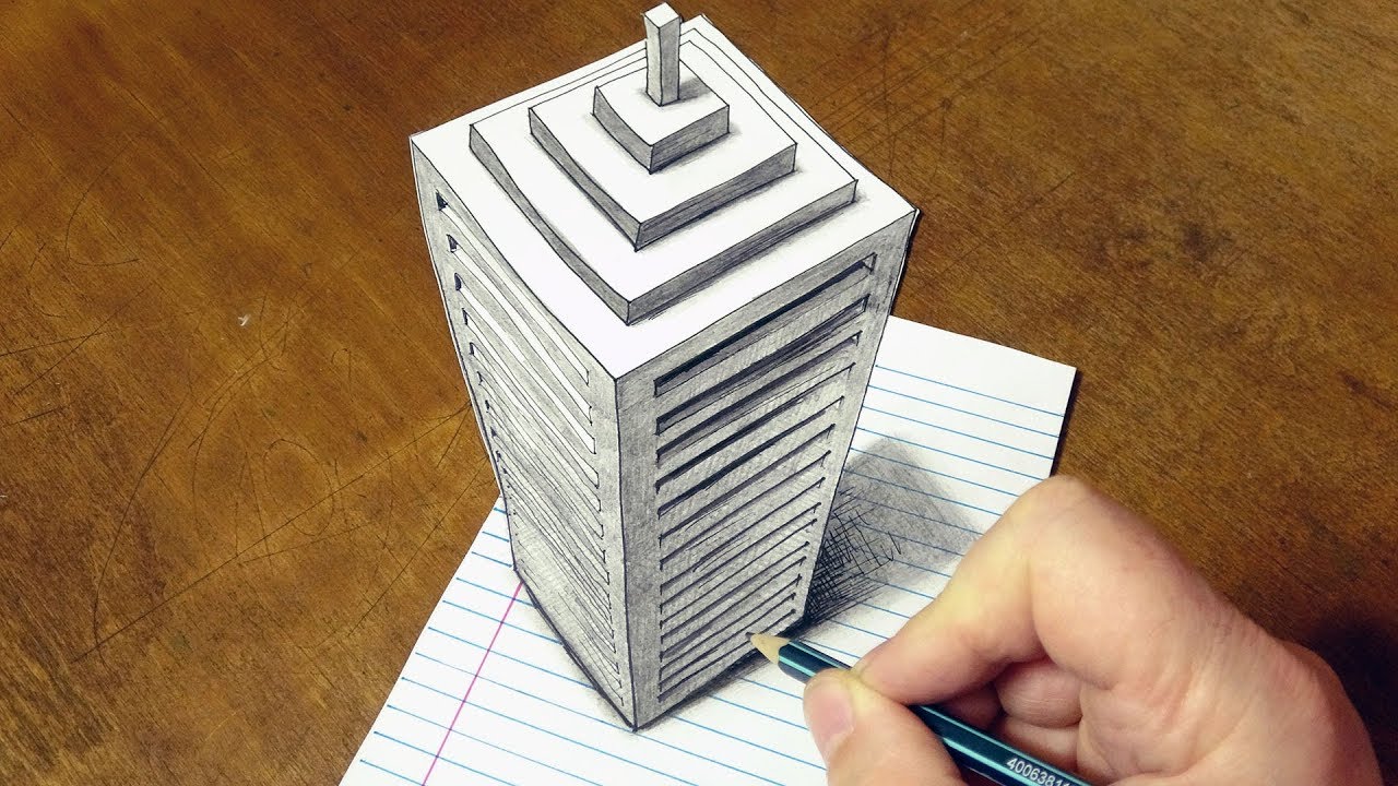 drawing 3d skyscraper on ruled paper by vamos