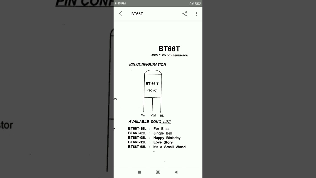 BT66T pin configuration and song list