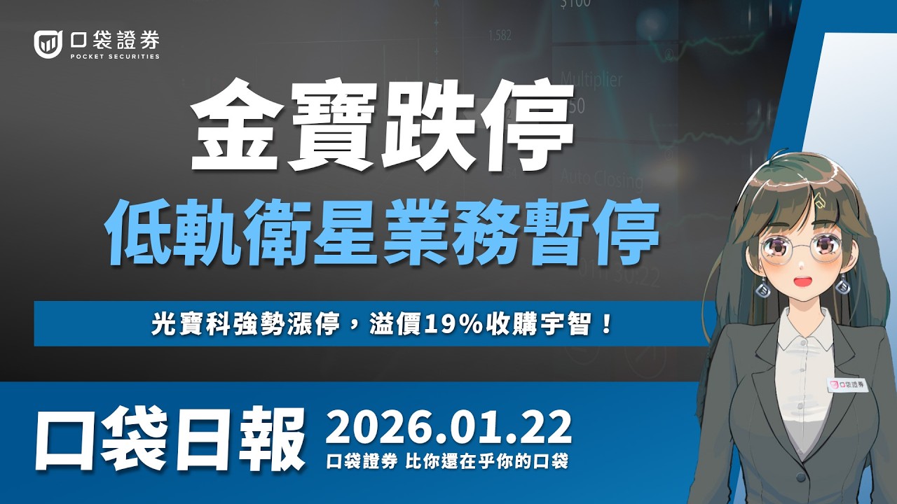 【口袋日報】金寶重挫跌停,低軌衛星業務暫停!光寶科強勢漲停,溢價19%收購宇智!2026.01.22