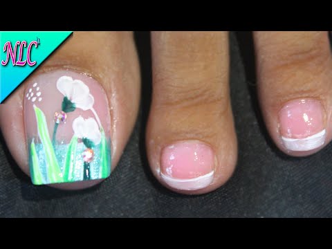 DISEÑO DE UÑAS PARA PIES FLORES CON PETALOS Y FRANCÉS – FLOWERS NAIL ART – FRENCH NAIL ART – NLC