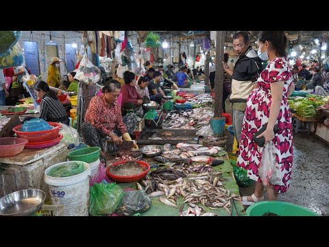 Cambodia Food Market Scene in Morning - Plenty Various Vegetable, Seafood, Fish & More @Phsa Tumnob