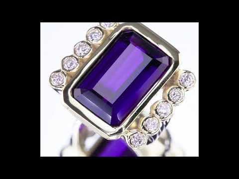 Amethyst & Diamond 18k Yellow Gold Emerald Cut Retro Ring Size 6.75