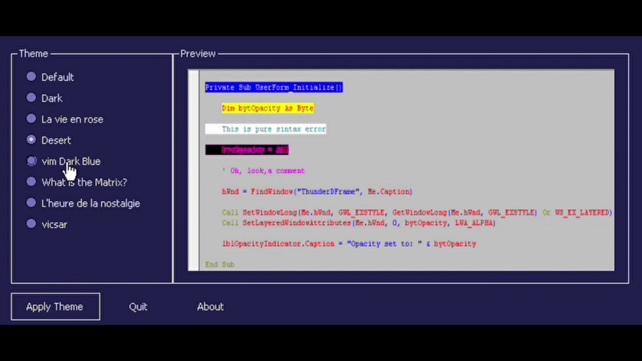 How to use the VBE Theme Switcher software