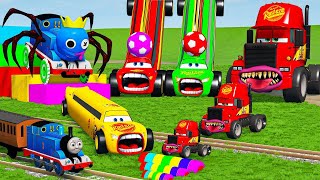 Long Cars vs Transportation Cars - Big & Small: Mcqueen with Saw Wheels vs Thomas Trains - BeamNG
