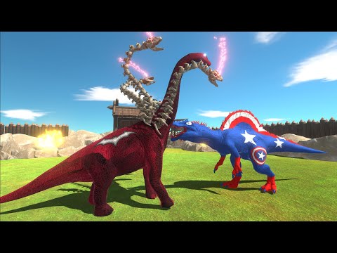 BATMAN MUTANT BRACHIOSAURUS vs CAPTAIN AMERICA SPINO DEATH RUN - Animal Revolt Battle Simulator