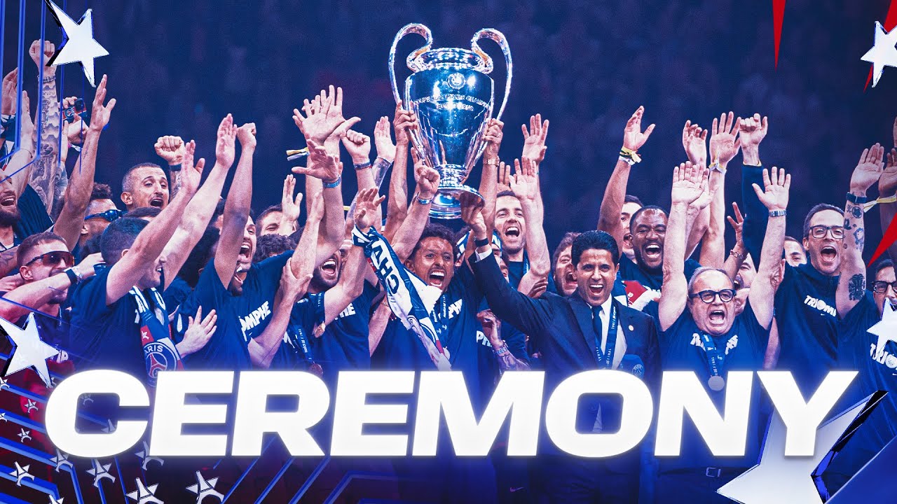 French police in riot gear confront crowds on the Champs-Élysées during PSG victory celebrations, with tear gas and flares vi