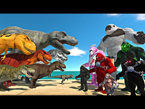 Lava Ship Battle | Tyrannosaurus Rex Team vs Goro Team on Ship - Animal Revolt Battle Simulator