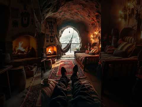 Blizzard Cave Ambience | Cozy Fireplace, Howling Wind & Snowstorm for Deep Sleep, Relaxation & Focus