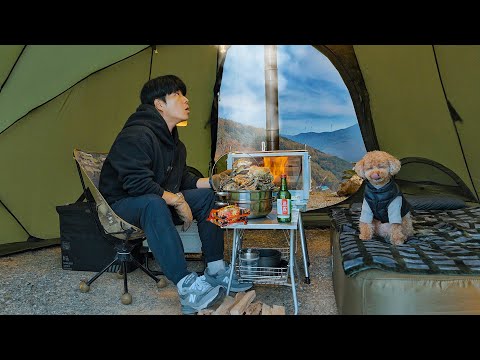 800m Mountain Camping with My Dog . Hot Tent . Wood Stove ASMR