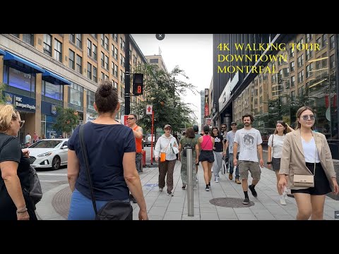 Passeio a pé em 4K | Centro de Montreal, St Catherine Street