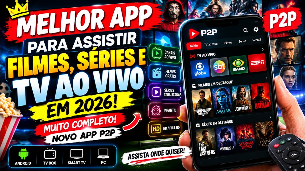 🔥MELHOR APP para assistir FILMES, SÉRIES e TV AO VIVO em 2026! (Muito completo) NOVO APP P2P