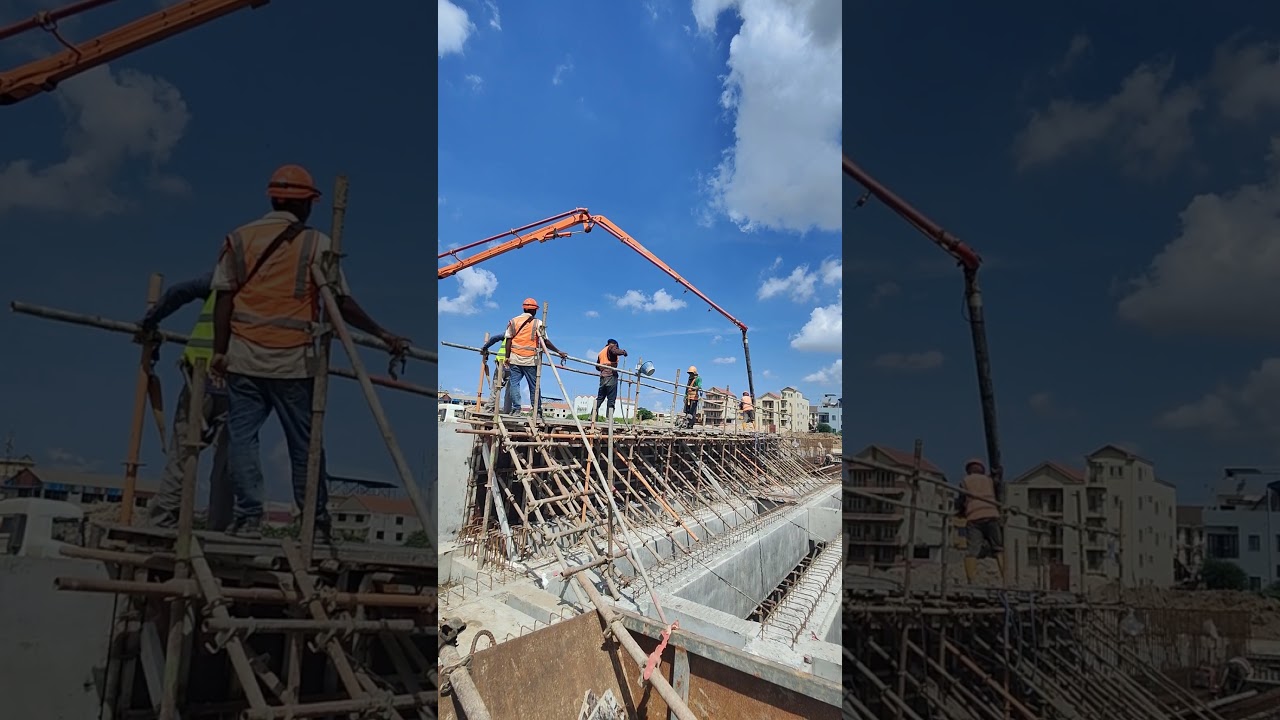 Pouring concrete of bridge handrail with wood Formwork