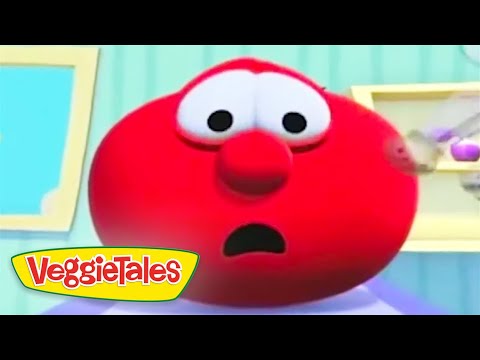 Close-up of a shocked, red VeggieTales character with wide eyes and open mouth. Logo visible in the bottom-left corner.