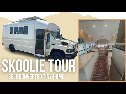 Skoolie Tour with Roof Raise: Couple Self-Converts off-grid bus into modern house on wheels