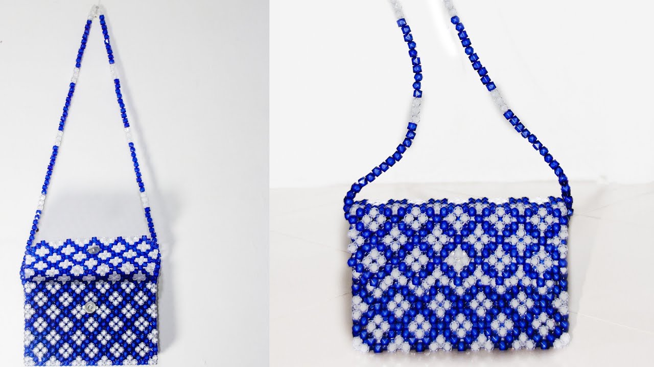 Blue and white sugar beads purse with beaded handles. #beadedbag
