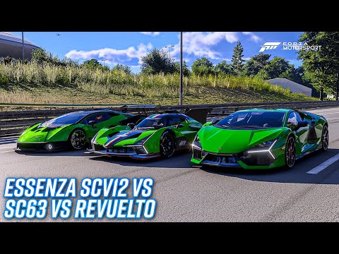 Thumbnail for Lamborghini Revuelto vs Lamborghini SC63 vs Lamborghini Essenza SCV12 | Forza Motorsport by Lamborghini SC63