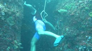 preview picture of video 'Claveria dive site, A local breathing pumped air through a long tube shows us around'