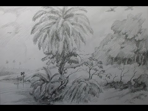 Mountains and Pine Tress Watercolor Pencil Landscape Drawing | steps to follow