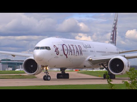 Qatar 777-3ZG (ER) '25 Years' Departing Manchester Airport August 2023