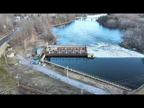 Unedited 4k Drone video; Jay Dam and Powerhouse on the Androscoggin River in Jay Maine.  3/17/ 2024