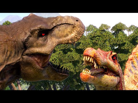 TYRANNOSAURUS REX vs CARNIVORE DINOSAURS EPIC BATTLE ROYALE - Jurassic World Evolution 2