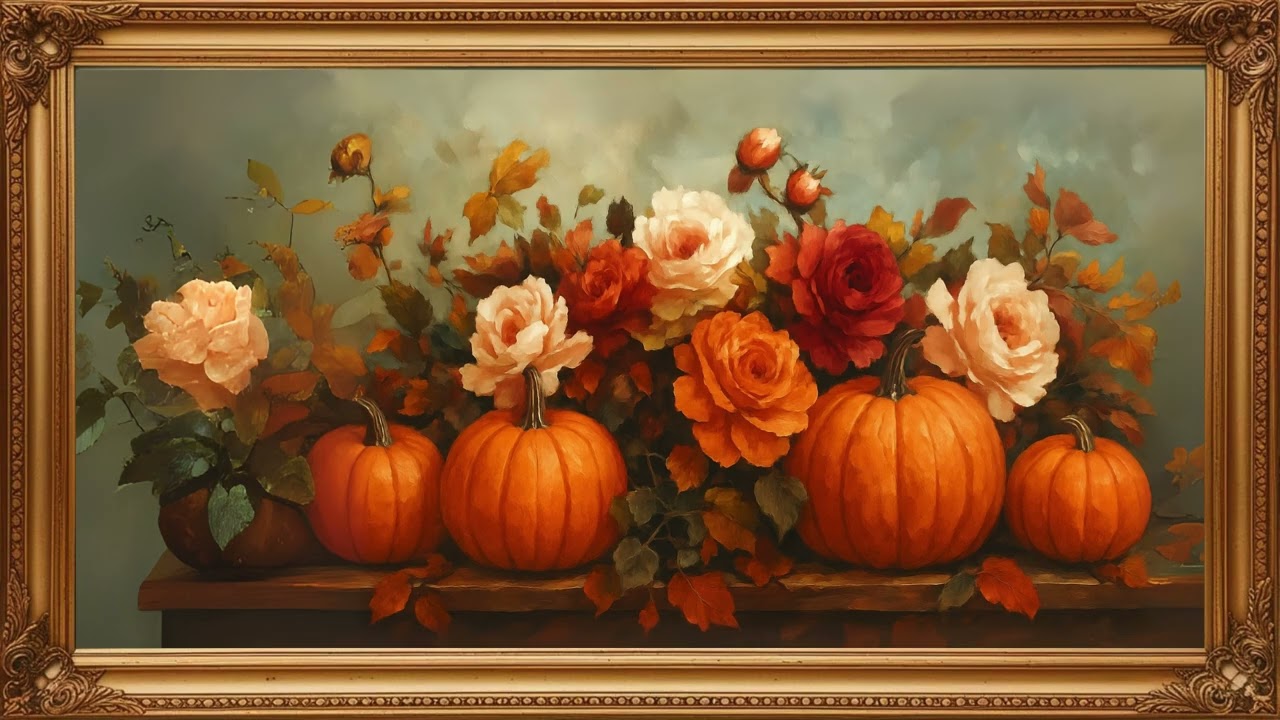 Autumn Harvest Realism | Pumpkins, Roses, and Falling Leaves