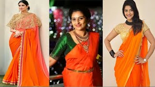 Plain Orange Saree With Designer Blouse Ideas||Orange Saree With Contrast Blouse ||