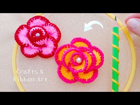 Amazing Woolen Rose Making Ideas with Pencil - Hand Embroidery Easy Trick - DIY Woolen Flower