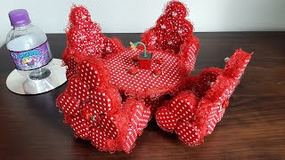 Conjunto de mesa com cadeiras feito de fuxico com tampinhas, garrafa e cd ❤️ (passo a passo)