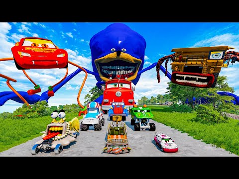 ALL MONSTERS Big & Small Cars vs Broken Bridge with MOMMY LONG LEG & WATER EYE TOWER BeamNG.Drive