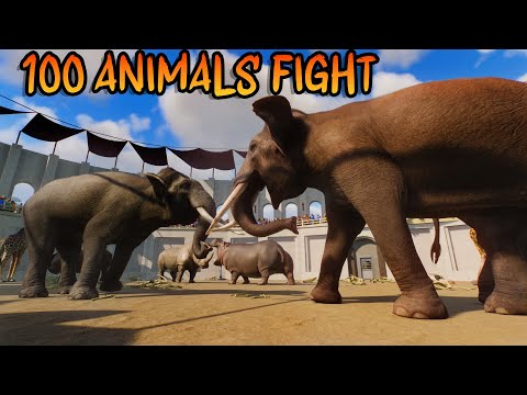 100 Animals Fight in Colosseum Planet Zoo included Lion, Bear, Buffalo, Elephant, Giraffe, & Tiger