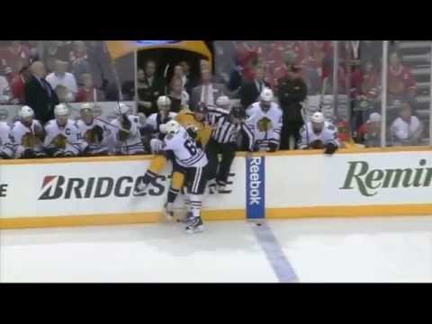Andrew Shaw checks James Neal into Blackhawks bench 12/06/2014 PAT FOLEY CALL
