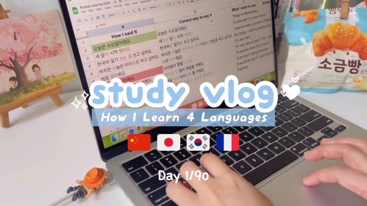 study vlog ♡ Study 4 Languages with me 🇨🇳🇯🇵🇰🇷🇫🇷 | Day 1 of 90