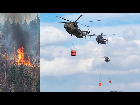 CH-53 Firefighting Helicopters Dropping Water On Wildfire