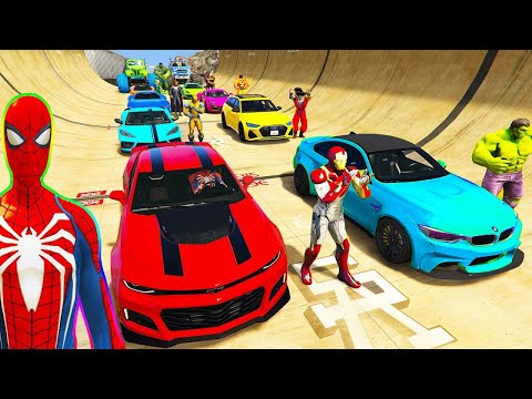 SPIDERMAN CARS MARIO Ramp JUMP Challenge ! SUPERHERO HULK IronMan Trevor and Friends Stunt - GTA V