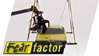 Teams mates stuck in hanging death car | Fear Factor Extra