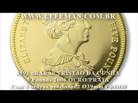 3593#TRISTÃO DA CUNHA 5 Pounds 2006 OURO/PRATA com 3 pedras preciosas!! Ø39mm PROOF