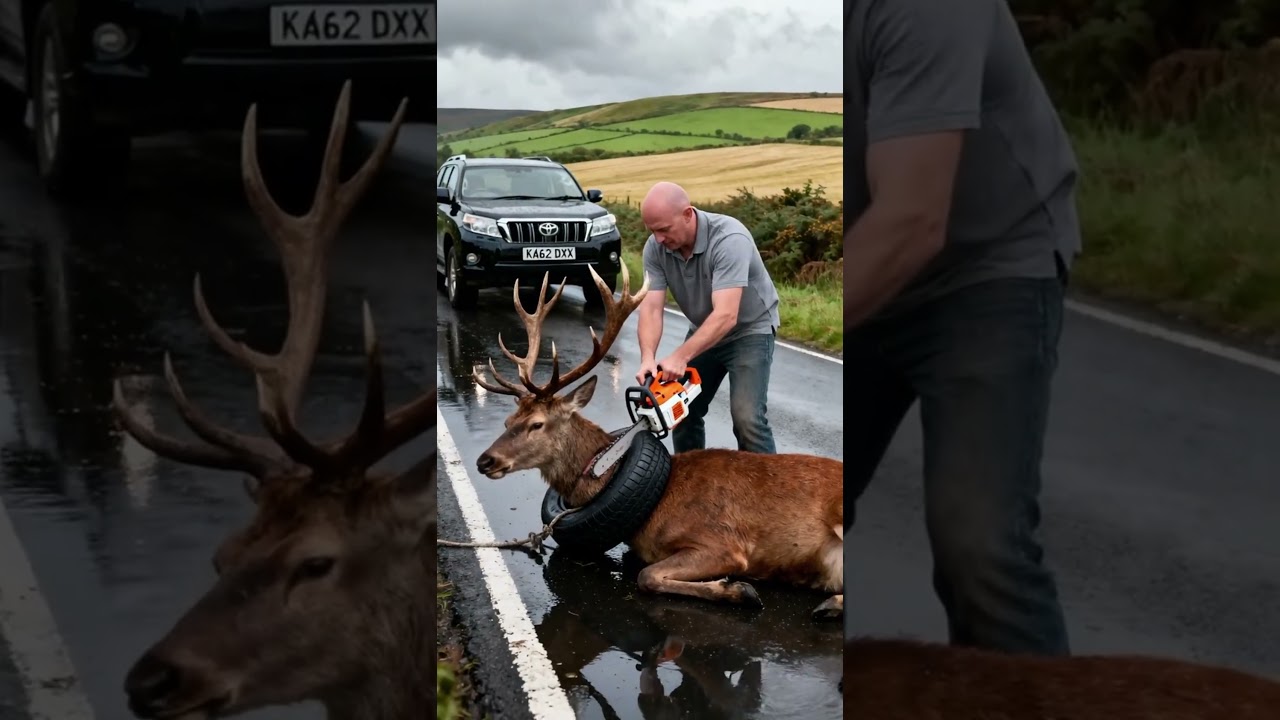 An unexpected act of kindness – a man rescued a helpless fawn that was trapped in a tire.