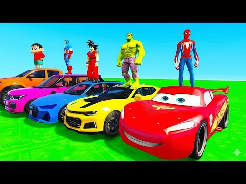 SPIDERMAN CARS Monster Trucks Mega Rampa Challenge ! SUPERHERO HULK Iron Man Goku Racing 